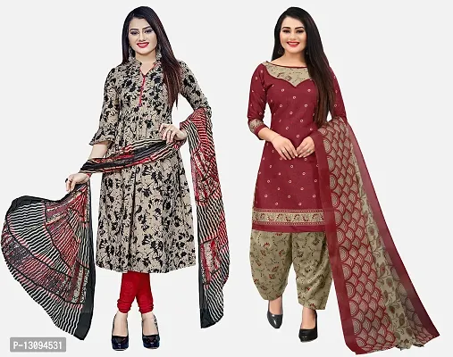 Elegant Multicoloured Cotton Printed Dress Material With Dupatta For Women Pack Of 2-thumb0