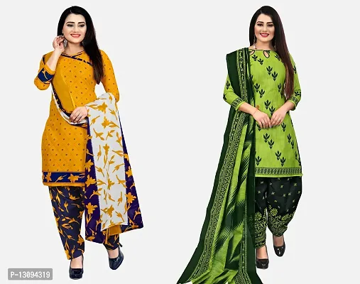 Elegant Multicoloured Cotton Printed Dress Material With Dupatta For Women Pack Of 2-thumb0