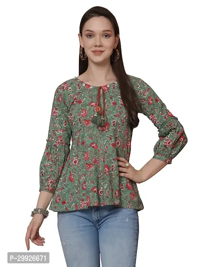 Elegant Green Pure Cotton Printed Top For Women