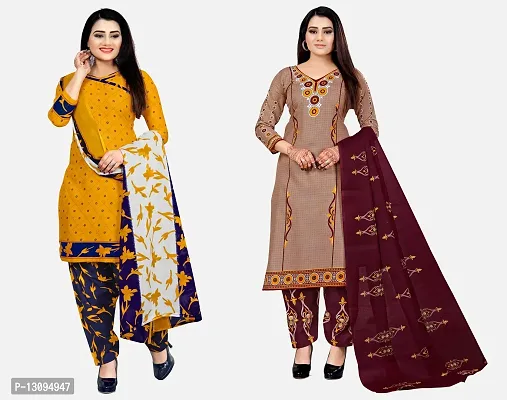 Elegant Multicoloured Cotton Printed Dress Material With Dupatta For Women Pack Of 2