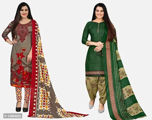 Elegant Multicoloured Cotton Printed Dress Material With Dupatta For Women Pack Of 2