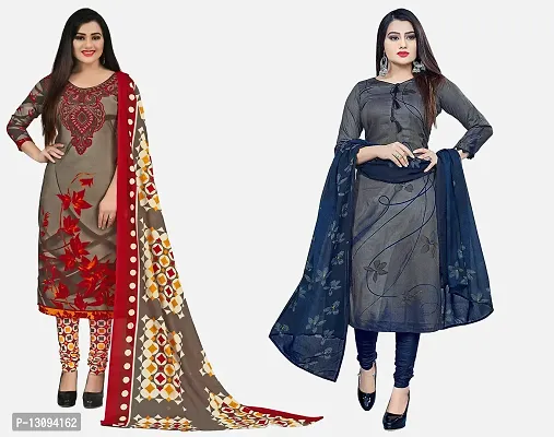 Elegant Multicoloured Cotton Printed Dress Material With Dupatta For Women Pack Of 2-thumb0