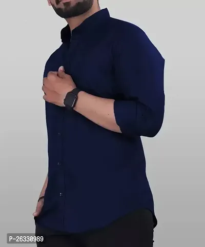 Classic Cotton Navy Blue Solid Long Sleeve Casual Shirt For Men