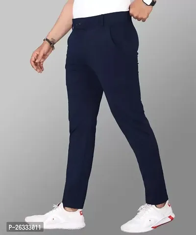 Stylish Blue Cotton Blend Solid Regular Trousers For Men-thumb2