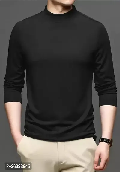 Fabulous Black Cotton Solid High Neck Tees For Men-thumb0