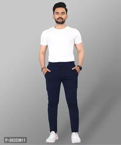 Stylish Blue Cotton Blend Solid Regular Trousers For Men-thumb0