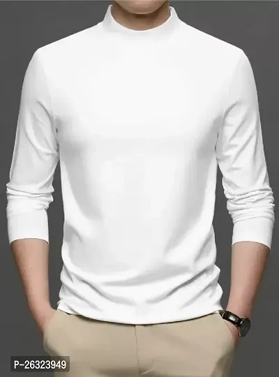 Fabulous White Cotton Solid High Neck Tees For Men-thumb0