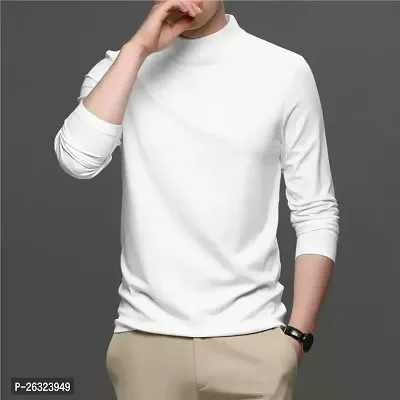Fabulous White Cotton Solid High Neck Tees For Men-thumb2