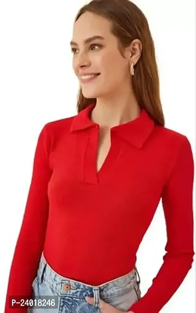 Elegant Red Cotton Blend Ribbed Top For Women