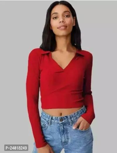 Elegant Red Cotton Blend Ribbed Top For Women-thumb0