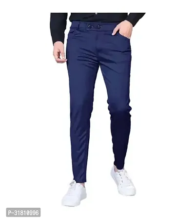 Stylish Blue Cotton Blend Solid Regular Track Pants For Men