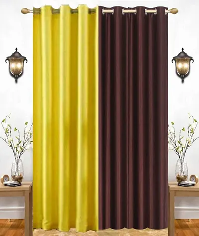 Eyelet Fancy Polyester Brown  Yellow Color Door length Curtain - Pack Of 2