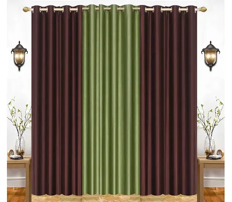 Eyelet Fancy Polyester Brown  Green Color Long Door length Curtain - Pack of 3