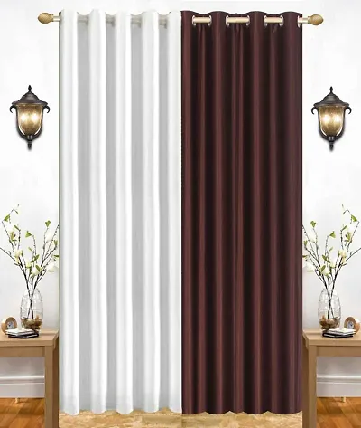 Eyelet Fancy Polyester Brown  White Color Door length Curtain - Pack Of 2