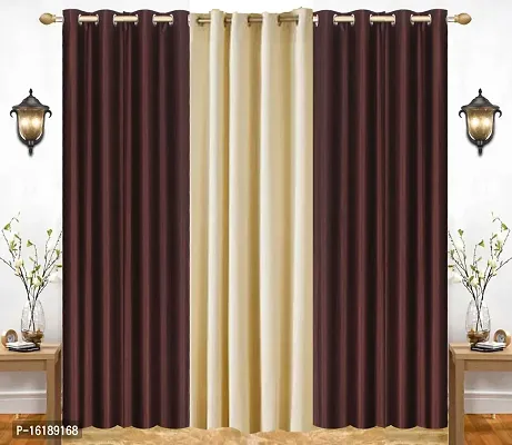 Eyelet Fancy Polyester Brown  Cream Color Long Door length Curtain - Pack of 3-thumb0