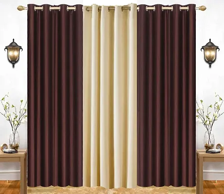 Eyelet Fancy Polyester Brown  Cream Color Long Door length Curtain - Pack of 3