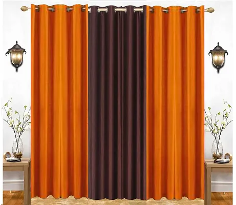 Eyelet Fancy Polyester Brown  Orange Color Door length Curtain - Pack of 3