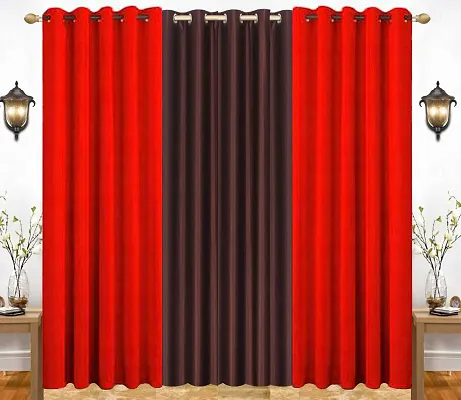 Eyelet Fancy Polyester Brown  Red Color Door length Curtain - Pack of 3
