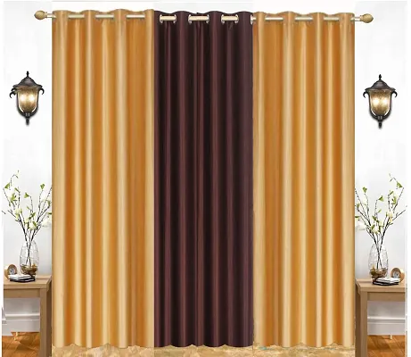 Eyelet Fancy Polyester Brown  Gold Color Door length Curtain - Pack of 3