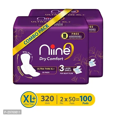 Niine Dry Comfort Ultra Thin XL+ Sanitary Napkins With 3 Layer Shield for HEAVY FLOW Sanitary Pad (Pack of 100)-thumb0