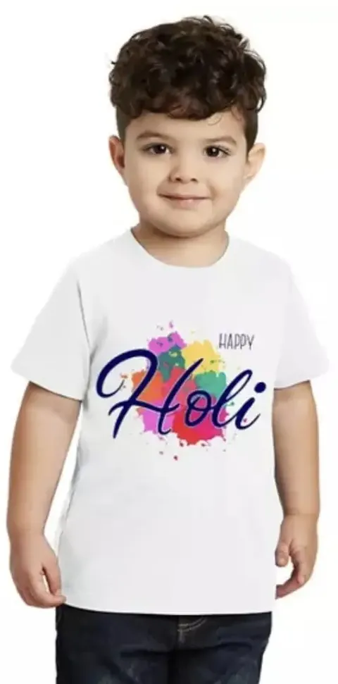 Attractive Holi White Cotton Blended Tees For Kids
