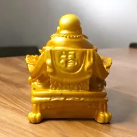 Golden Polyresin Feng Shui Laughing Buddha Statue Sitting on Chair - Buddha Idol Decorative Showpiece for Wealth, Good Luck and Success-thumb3