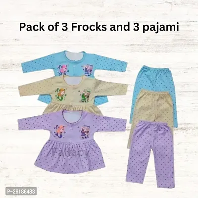 Girls cotton full sleeve cotton frock pack of 3 top and 3 pajami