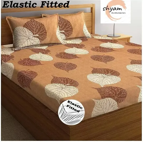 Printed Glace Cotton Elastic Fitted Double Bedsheet with 2 Pillow Covers