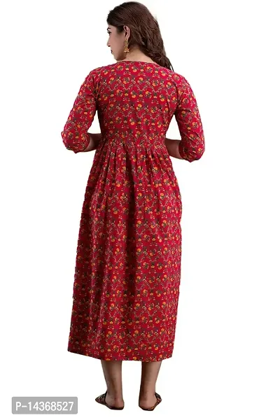 Anuom Women's Printed Cotton Maternity Stylish Kurti Gown for Women (Medium, Red)-thumb2