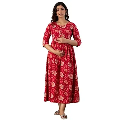 Anuom Women's Printed Cotton Maternity Designer Kurti Gown for Women (XX-Large, Red)