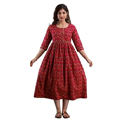 Anuom Women's Printed Cotton Maternity Stylish Kurti Gown for Women (Medium, Red)