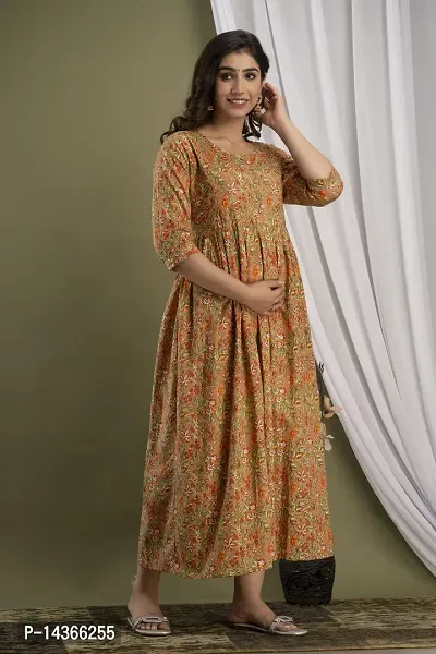 Anuom Women's Printed Cotton Maternity Designer Kurti Gown (XX-Large, Mustard)-thumb4