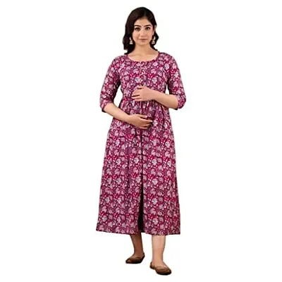 Anuom Women's Printed Cotton Maternity Designer Kurti Feeding Gown(lite Marron New) (XL)