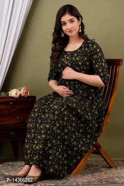 Anuom Women's Printed Cotton Maternity Designer Kurti Feeding Gown(Blue Dark Green Flower) (XXL)-thumb4