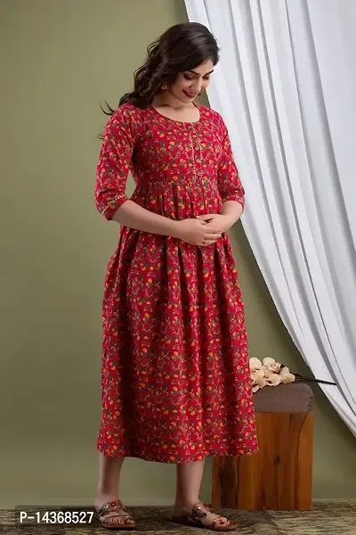 Anuom Women's Printed Cotton Maternity Stylish Kurti Gown for Women (Medium, Red)-thumb3