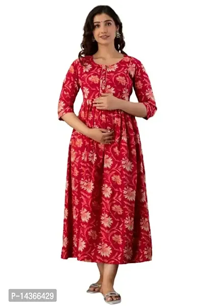 Anuom Women's Printed Cotton Maternity Designer Kurti Gown for Women (XX-Large, Red)-thumb0