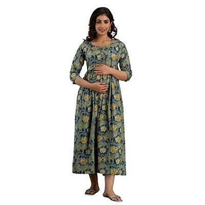 Anuom Women's Printed Cotton Maternity Designer Kurti Gown (Large, Green)
