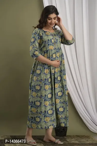 Anuom Women's Printed Cotton Maternity Designer Kurti Gown (Large, Green)-thumb4