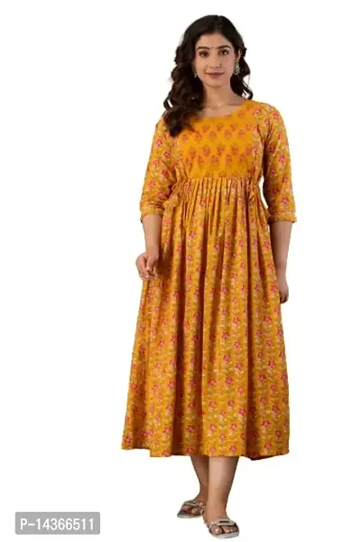 Anuom Women's Printed Cotton Maternity Designer Kurti Gown for Women (X-Large, Mustard)-thumb0