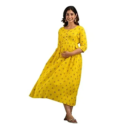 ANUOM Women's Printed Cotton Stylish Maternity Designer Kurti Gown (Yellow BANDAG) (Medium, Yellow)