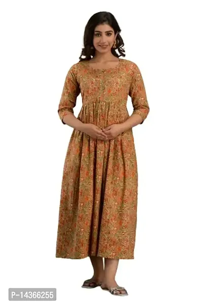 Anuom Women's Printed Cotton Maternity Designer Kurti Gown (XX-Large, Mustard)-thumb0