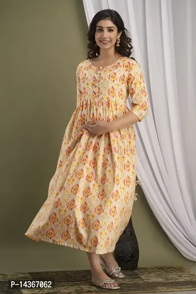 Anuom Women's Printed Cotton Maternity Designer Kurti Gown (XX-Large, Yellow)-thumb5
