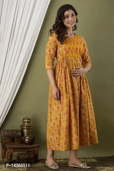 Anuom Women's Printed Cotton Maternity Designer Kurti Gown for Women (X-Large, Mustard)-thumb4