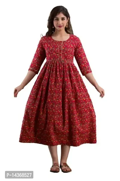 Anuom Women's Printed Cotton Maternity Stylish Kurti Gown for Women (Medium, Red)-thumb0