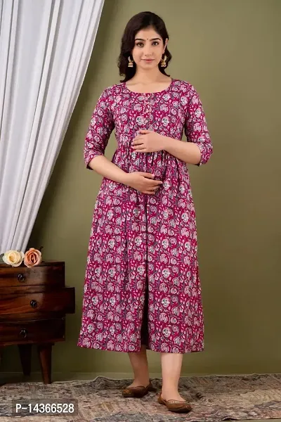 Anuom Women's Printed Cotton Maternity Designer Kurti Feeding Gown(lite Marron New) (XL)-thumb5