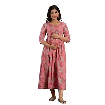 Anuom Women's Printed Cotton Maternity Designer Kurti Gown (XX-Large, Baby Pink)