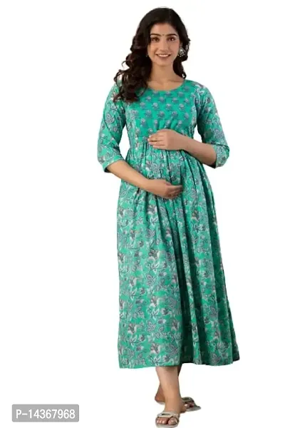 Anuom Women's Printed Cotton Maternity Designer Kurti Gown for Women (Large, Sea Blue)-thumb0