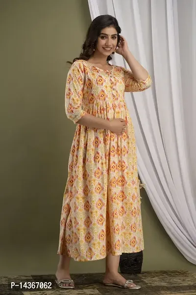 Anuom Women's Printed Cotton Maternity Designer Kurti Gown (XX-Large, Yellow)-thumb4