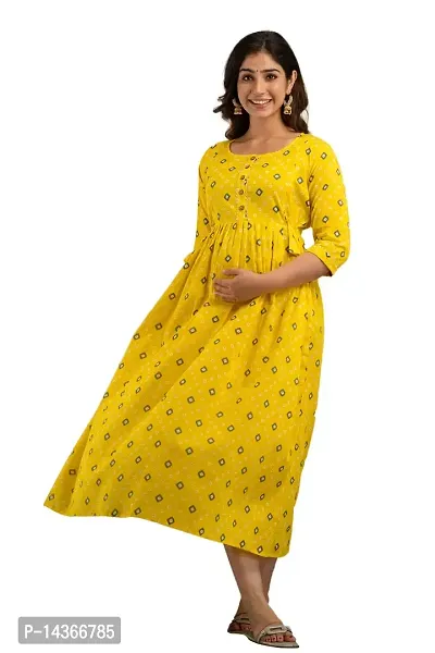 ANUOM Women's Printed Cotton Stylish Maternity Designer Kurti Gown (Yellow BANDAG) (Medium, Yellow)-thumb0
