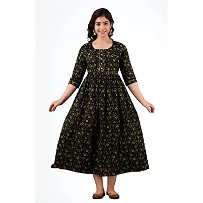 Anuom Women's Printed Cotton Maternity Designer Kurti Feeding Gown(Blue Dark Green Flower) (XXL)